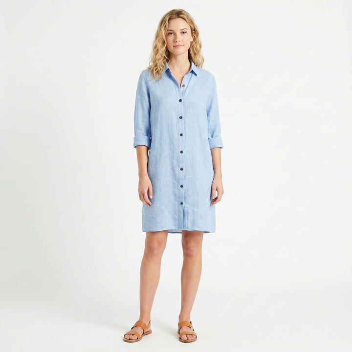 Linen Shirt Dress - Button Down Collared Midi