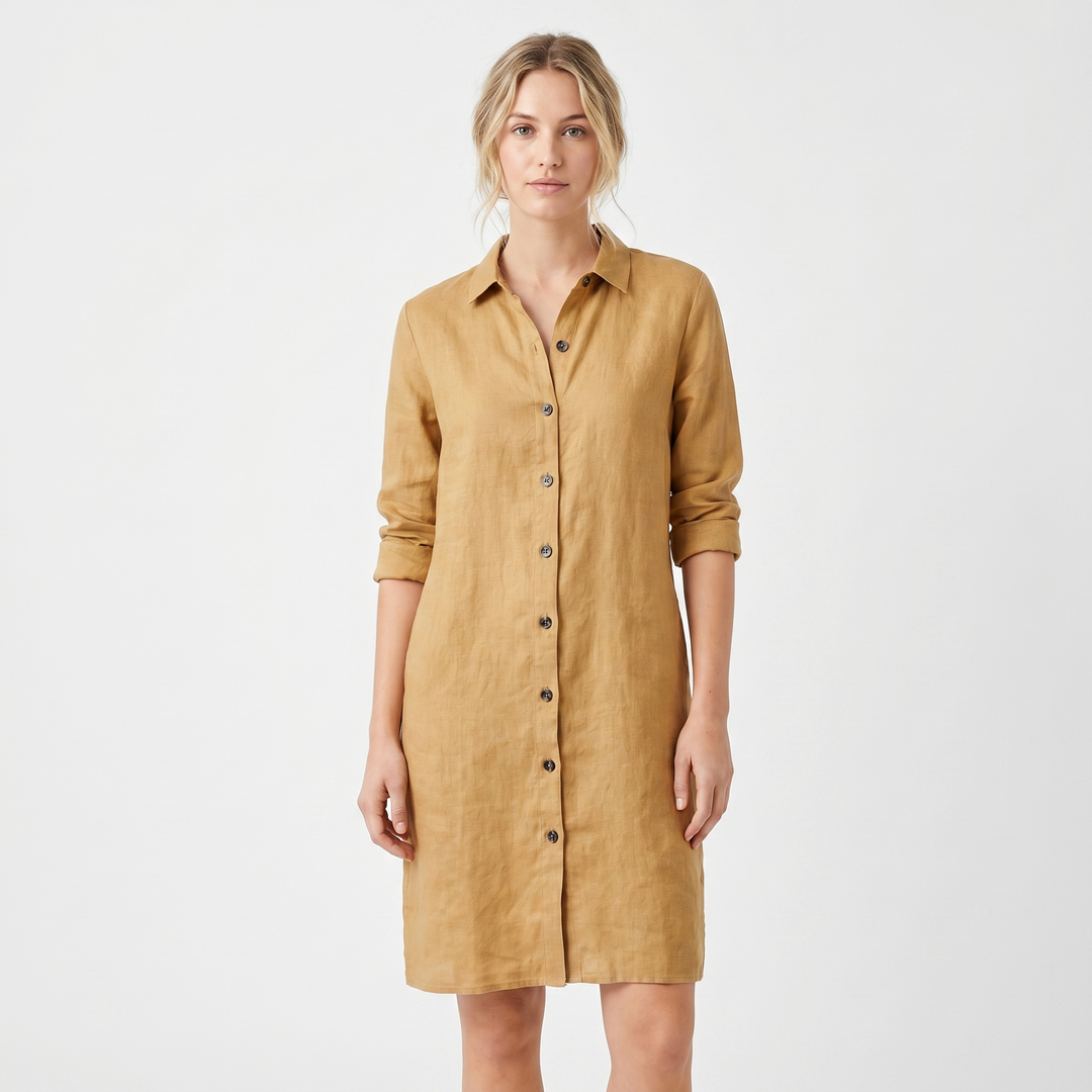 Linen Shirt Dress - Button Down Collared Midi