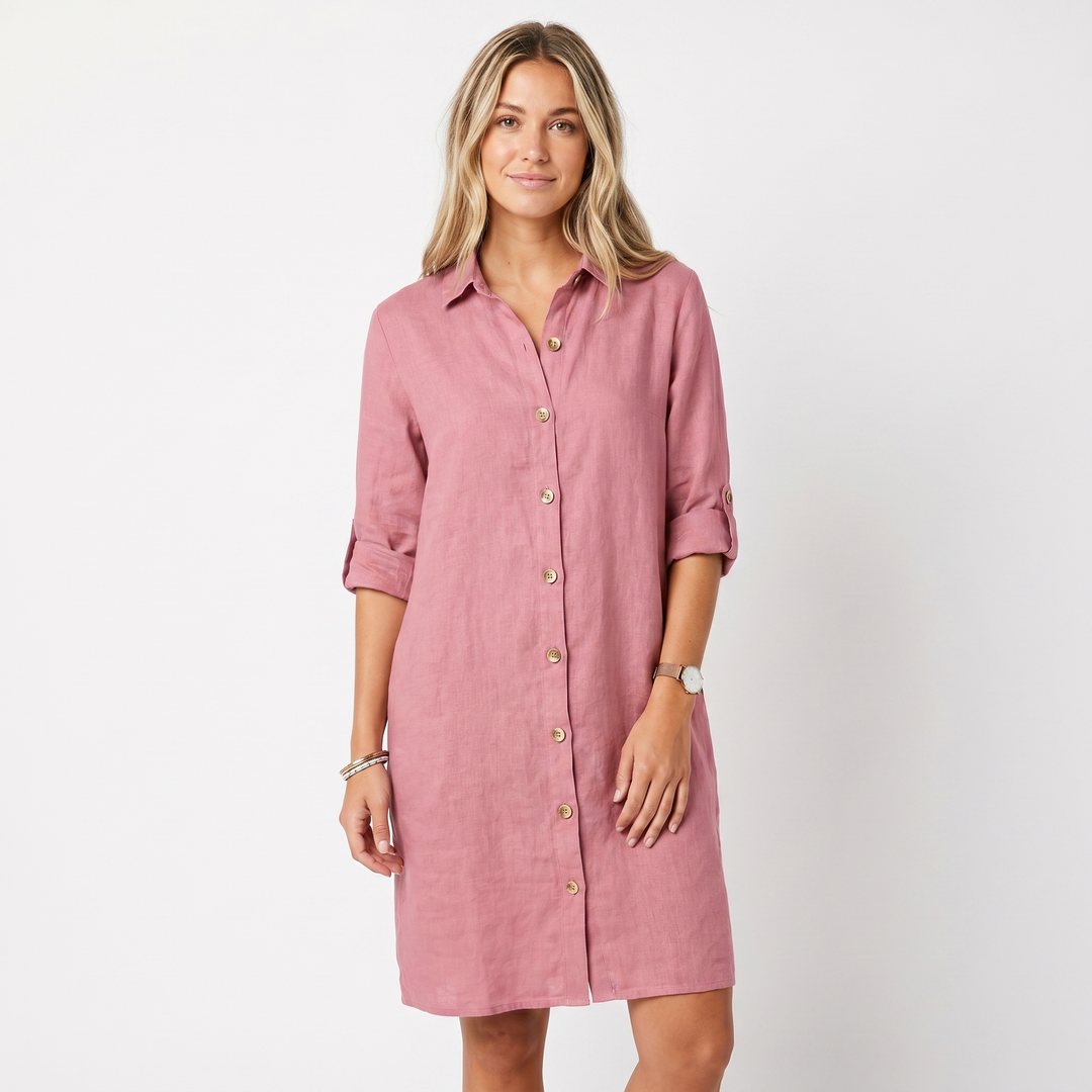 Linen Shirt Dress - Button Down Collared Midi
