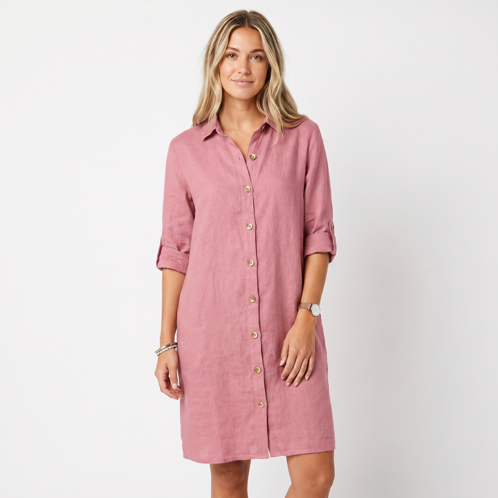 Linen Shirt Dress - Button Down Collared Midi