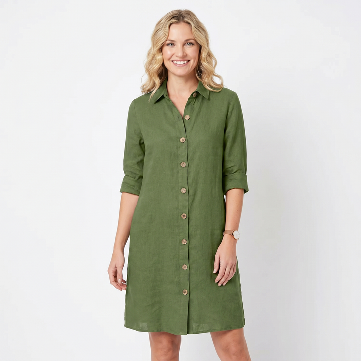 Linen Shirt Dress - Button Down Collared Midi