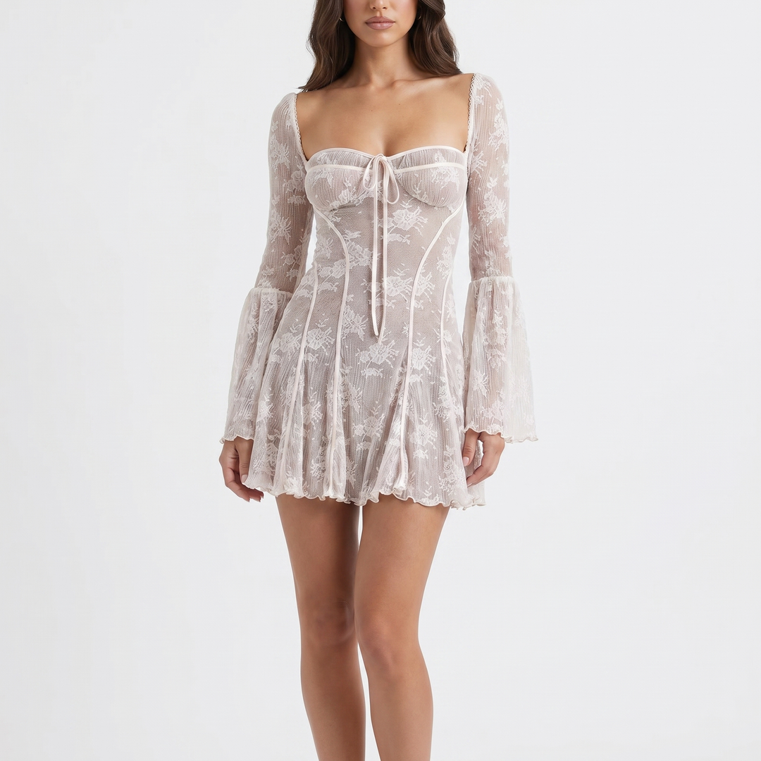 Lace Mini Dress - Flare Sleeve Bustier Corset