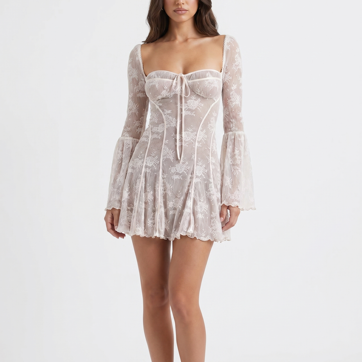Lace Mini Dress - Flare Sleeve Bustier Corset