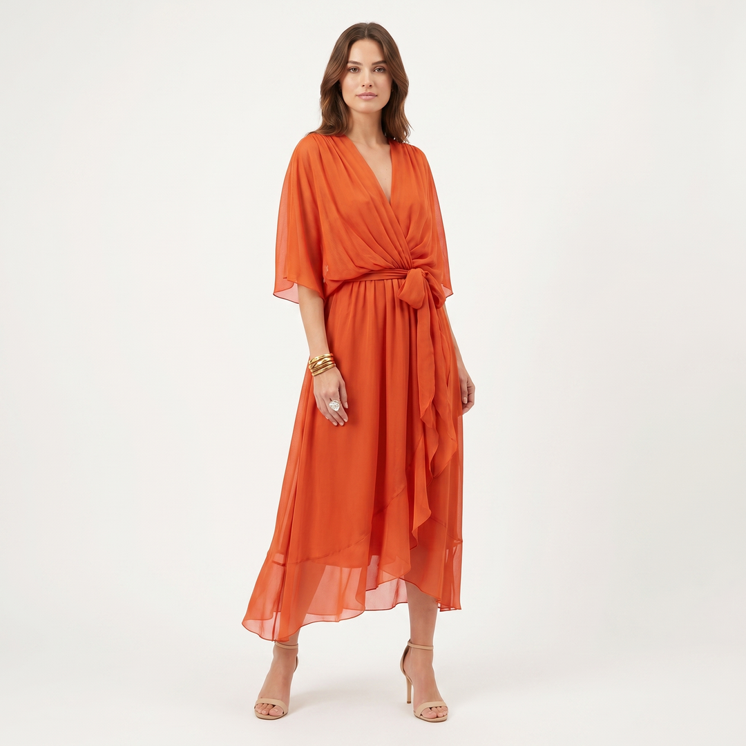 Chiffon Wrap Maxi Dress - Kimono Sleeve Tie Waist