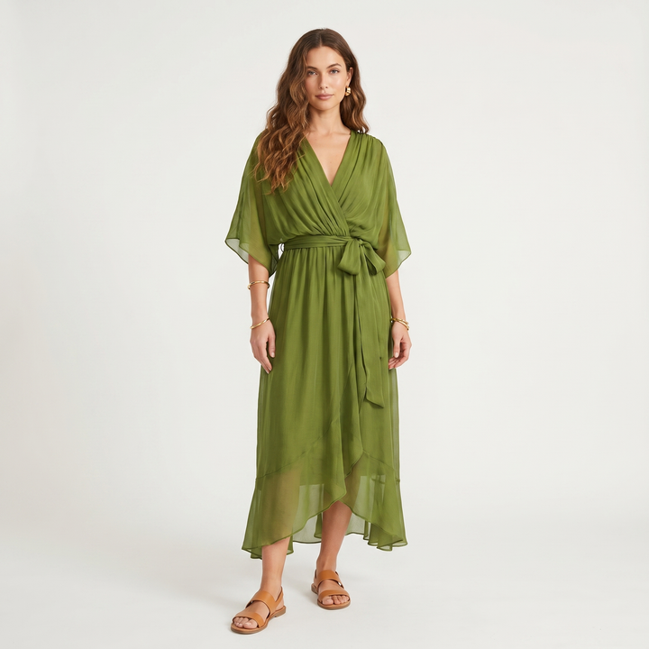 Chiffon Wrap Maxi Dress - Kimono Sleeve Tie Waist