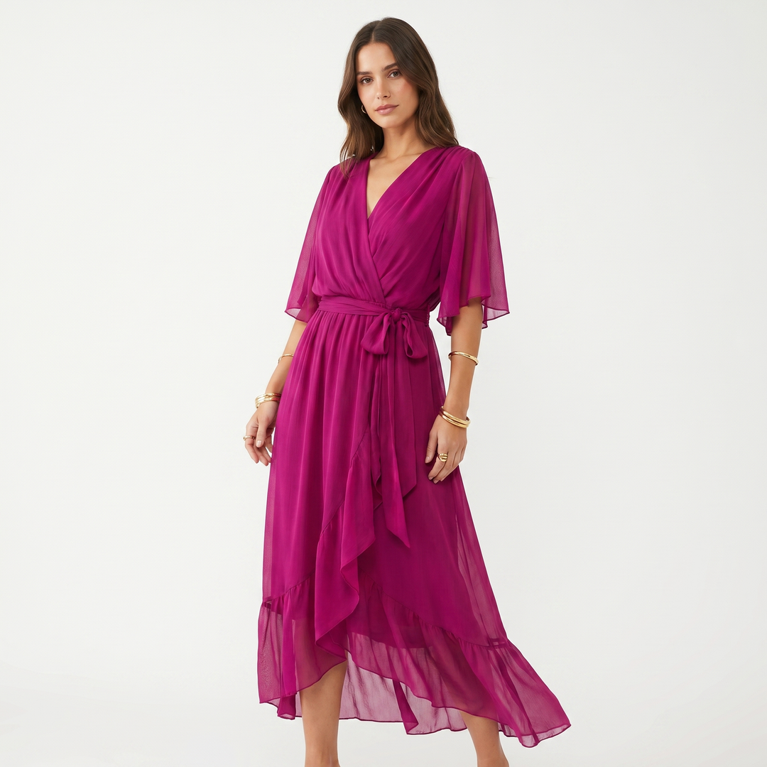 Chiffon Wrap Maxi Dress - Kimono Sleeve Tie Waist