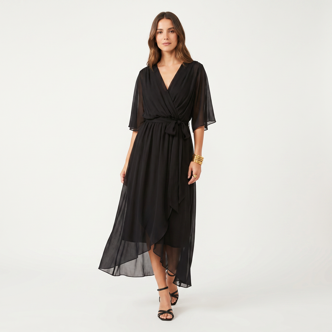 Chiffon Wrap Maxi Dress - Kimono Sleeve Tie Waist