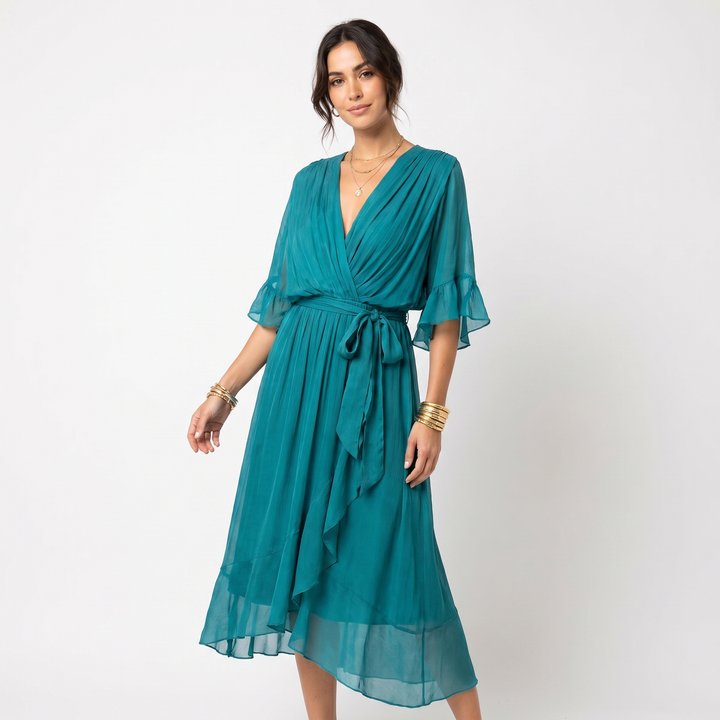 Chiffon Wrap Maxi Dress - Kimono Sleeve Tie Waist