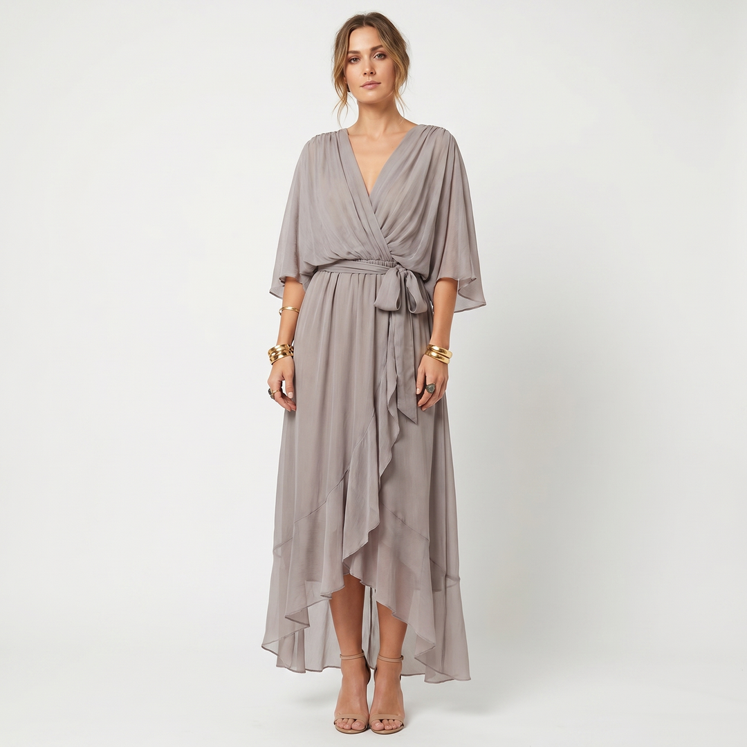 Chiffon Wrap Maxi Dress - Kimono Sleeve Tie Waist