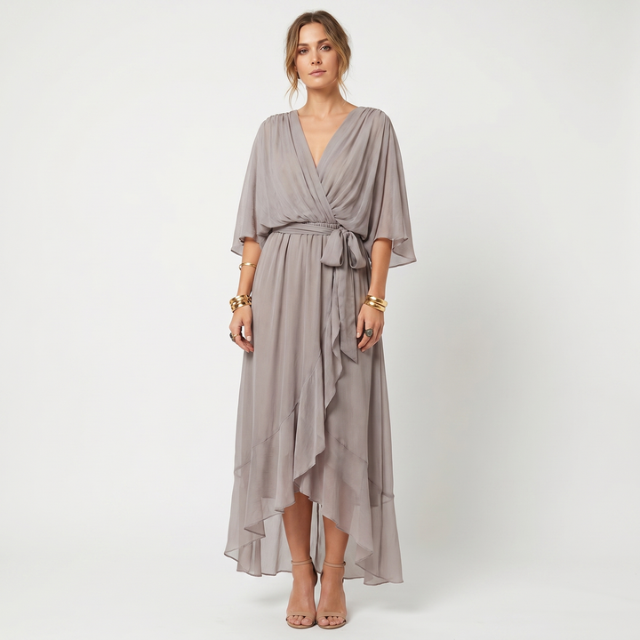 Chiffon Wrap Maxi Dress - Kimono Sleeve Tie Waist