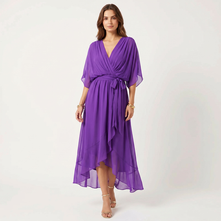 Chiffon Wrap Maxi Dress - Kimono Sleeve Tie Waist