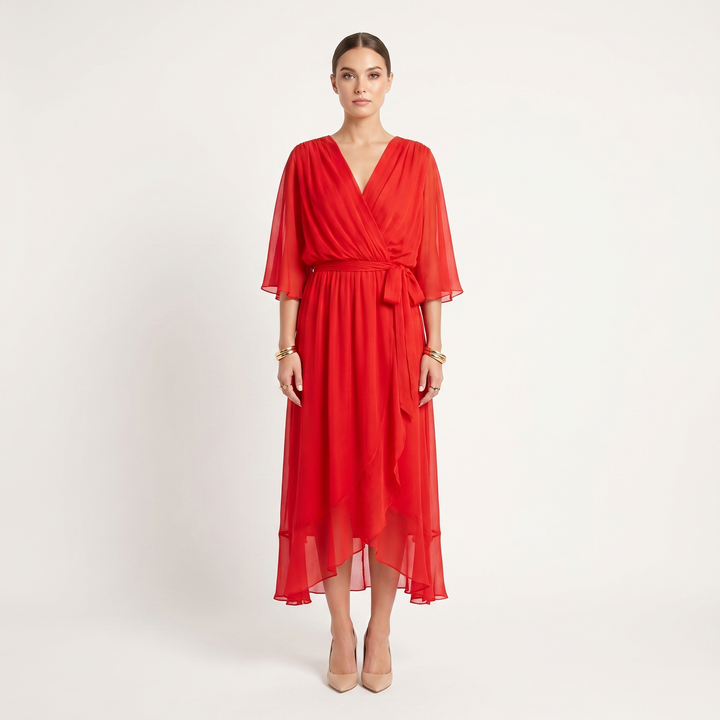 Chiffon Wrap Maxi Dress - Kimono Sleeve Tie Waist