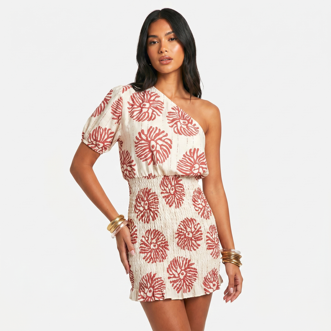 Printed Mini Dress - One Shoulder Shirred Puff Sleeve