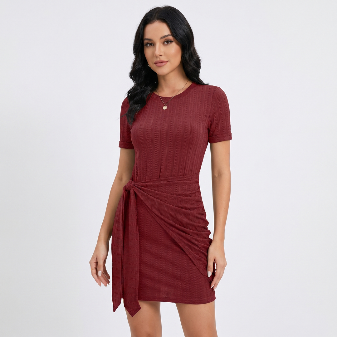 Ribbed Knit Mini Dress - Tie Waist Short Sleeve Bodycon
