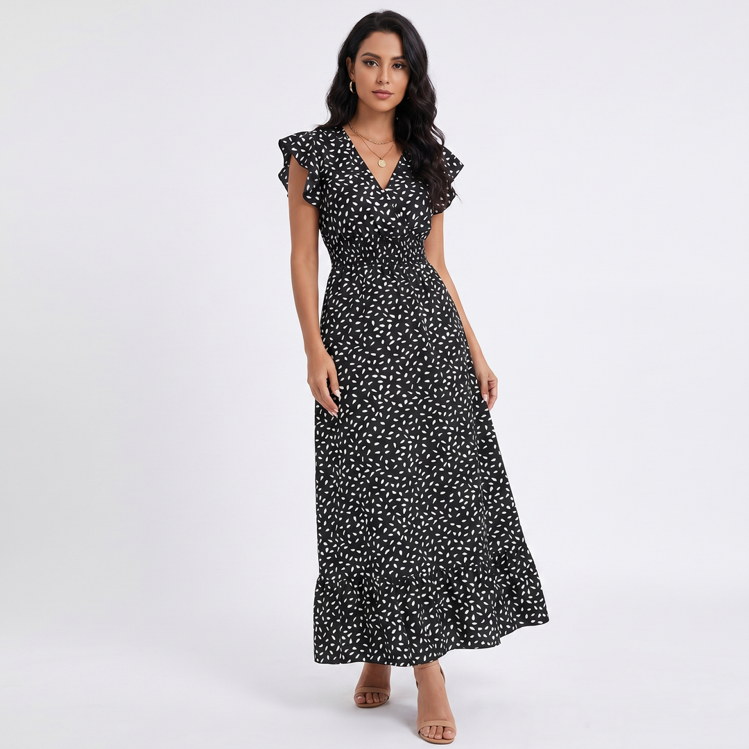 Printed Maxi Dress - V Neck Flutter Sleeve Smocked Waist
