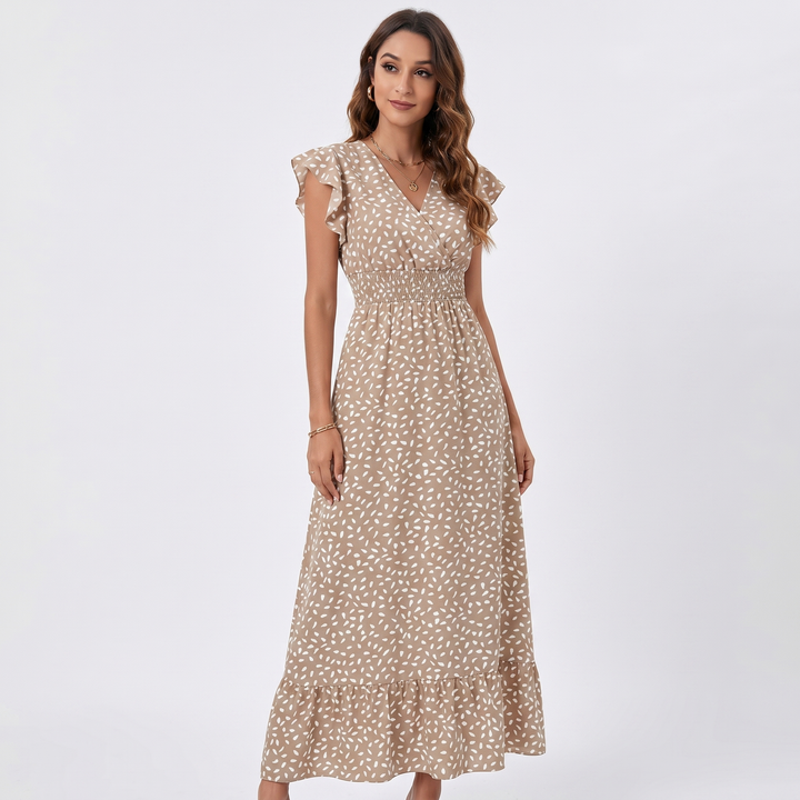 Printed Maxi Dress - V Neck Flutter Sleeve Smocked Waist