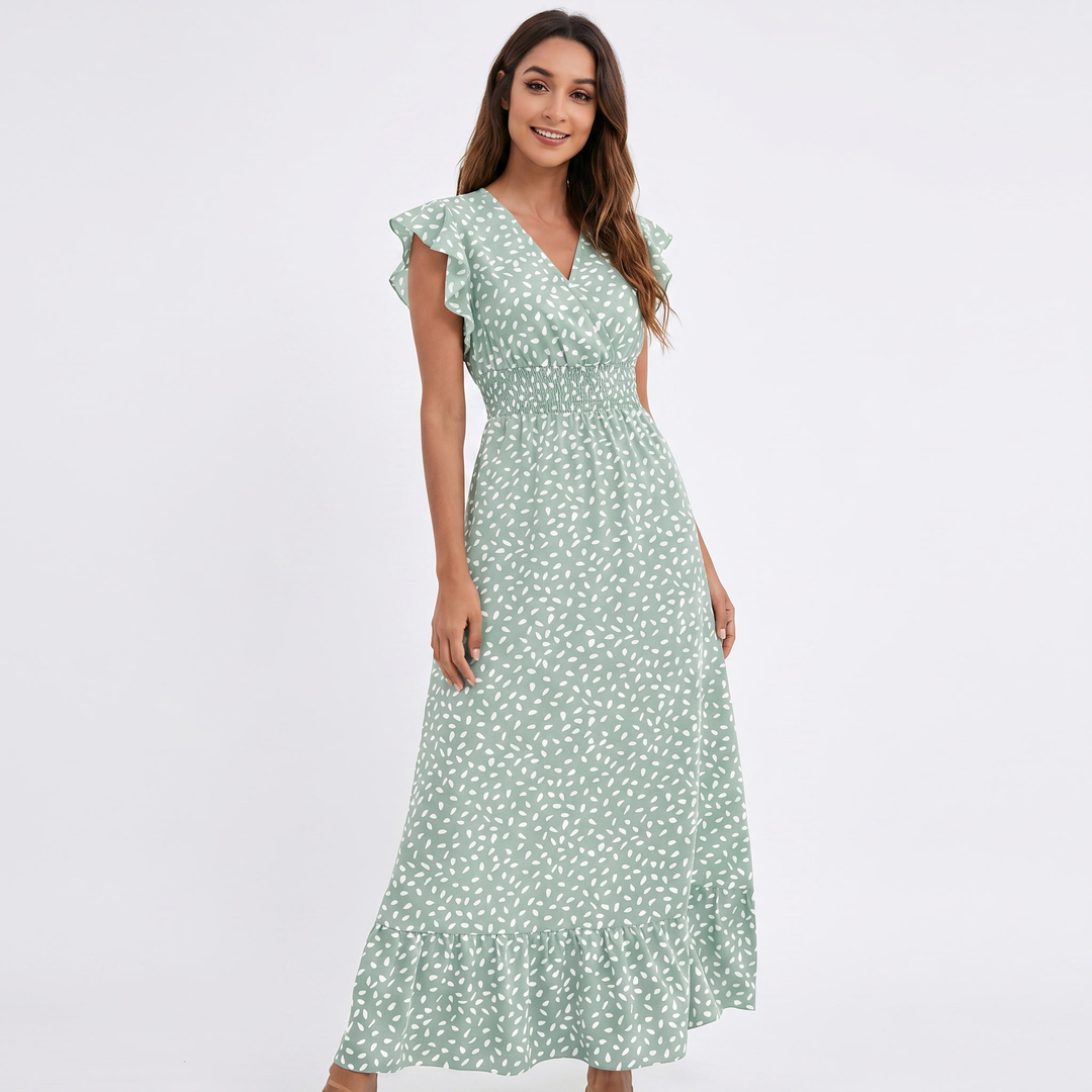 Printed Maxi Dress - V Neck Flutter Sleeve Smocked Waist
