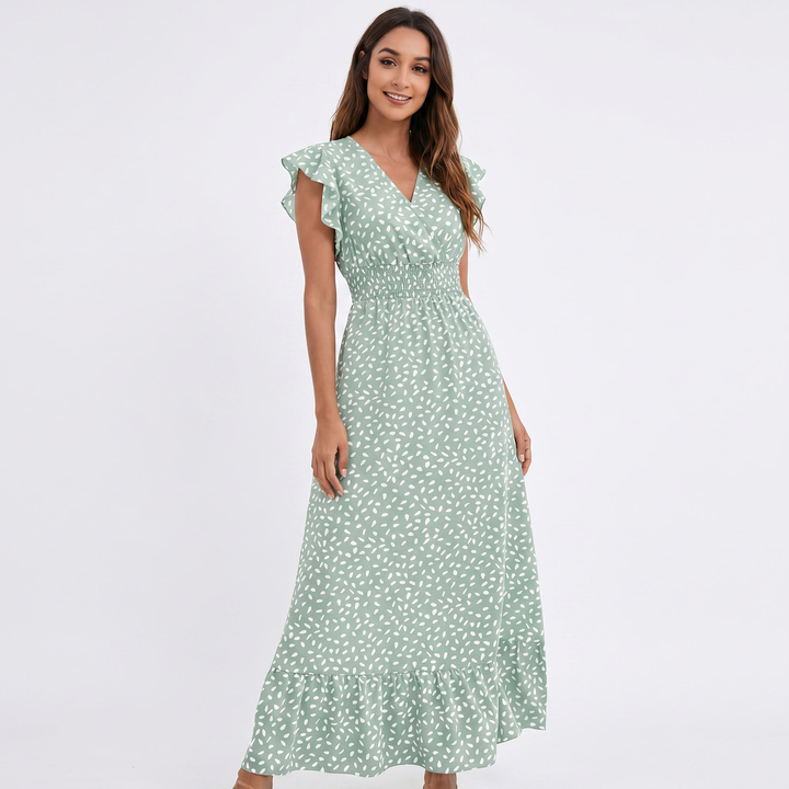 Printed Maxi Dress - V Neck Flutter Sleeve Smocked Waist