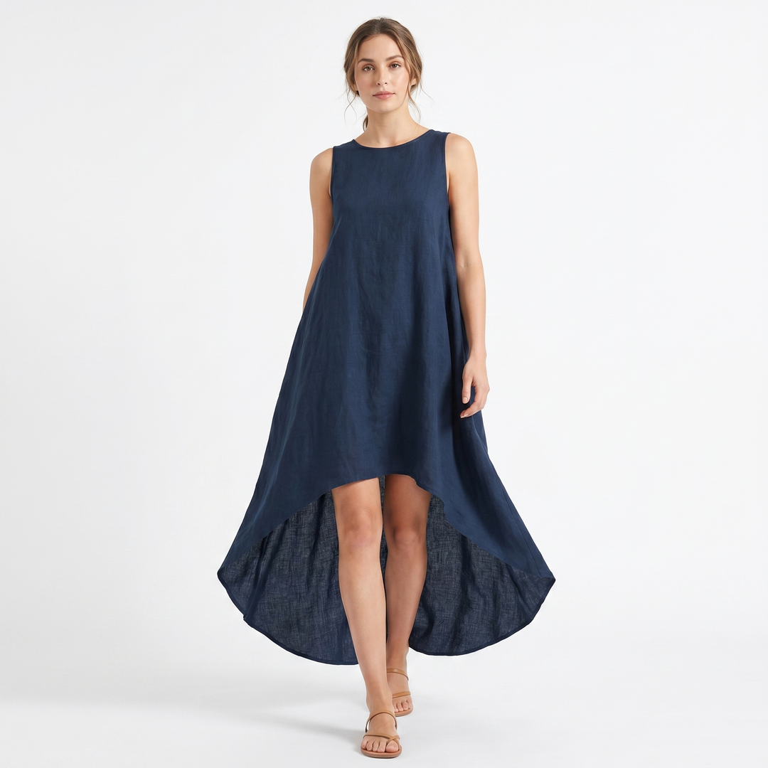 Linen Dress - Sleeveless High Low Hem Layered