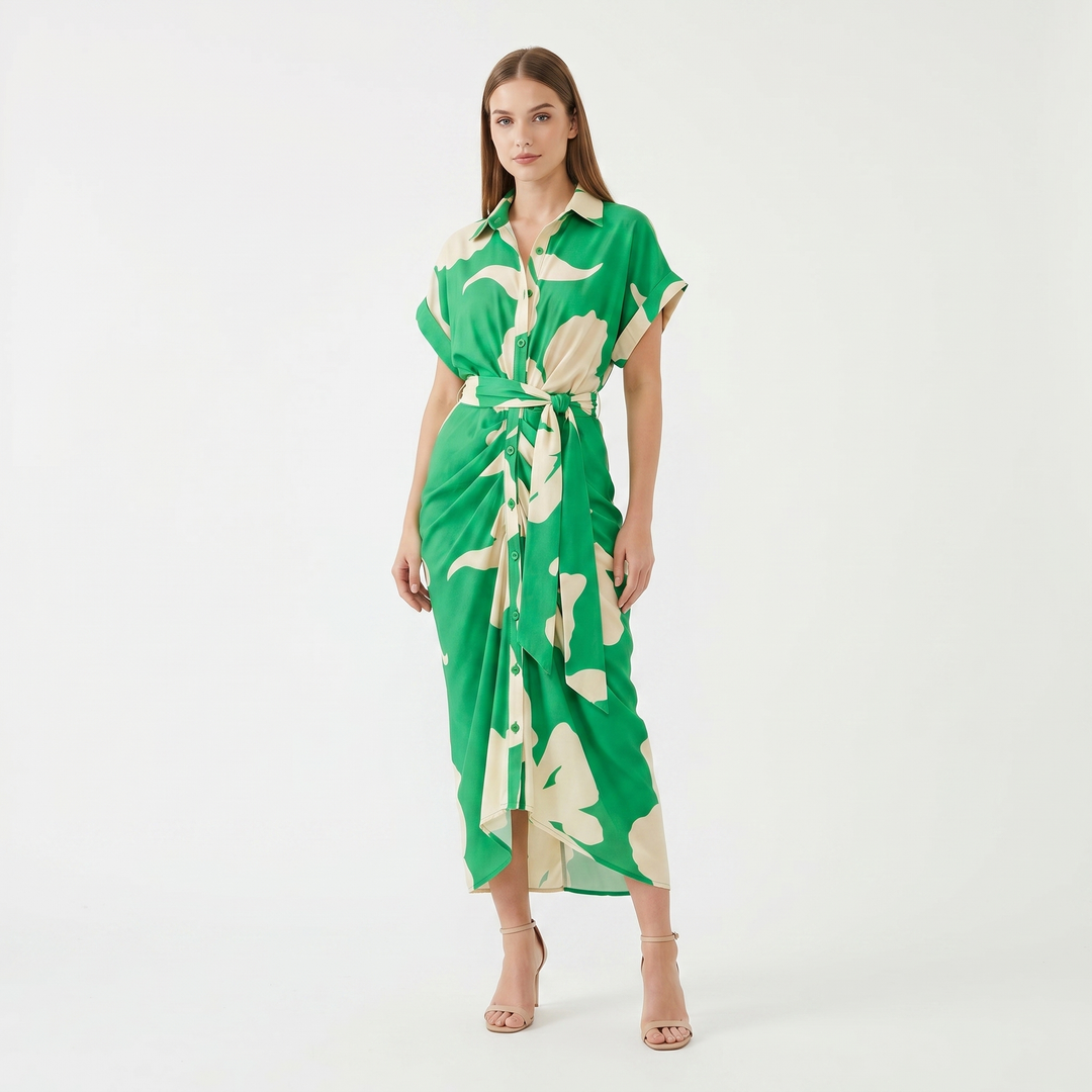 Shirt Dress - Button Down Tie Waist Midi Wrap