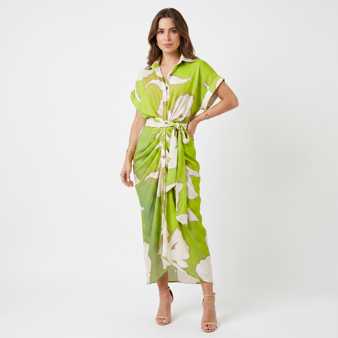 Shirt Dress - Button Down Tie Waist Midi Wrap