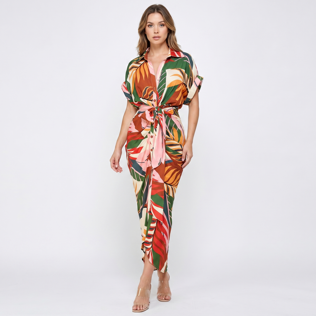 Shirt Dress - Button Down Tie Waist Midi Wrap