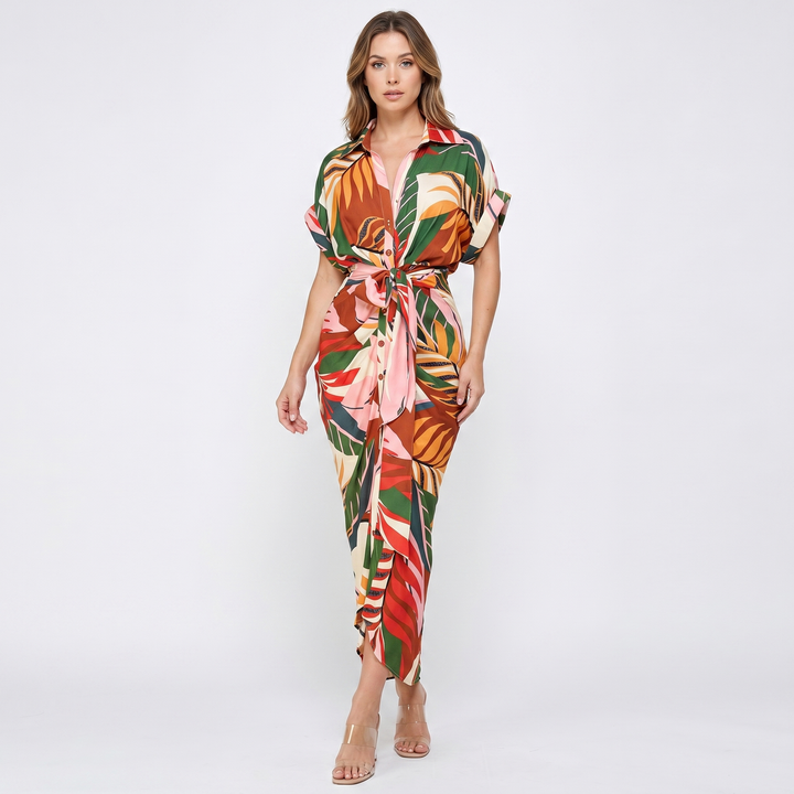 Shirt Dress - Button Down Tie Waist Midi Wrap