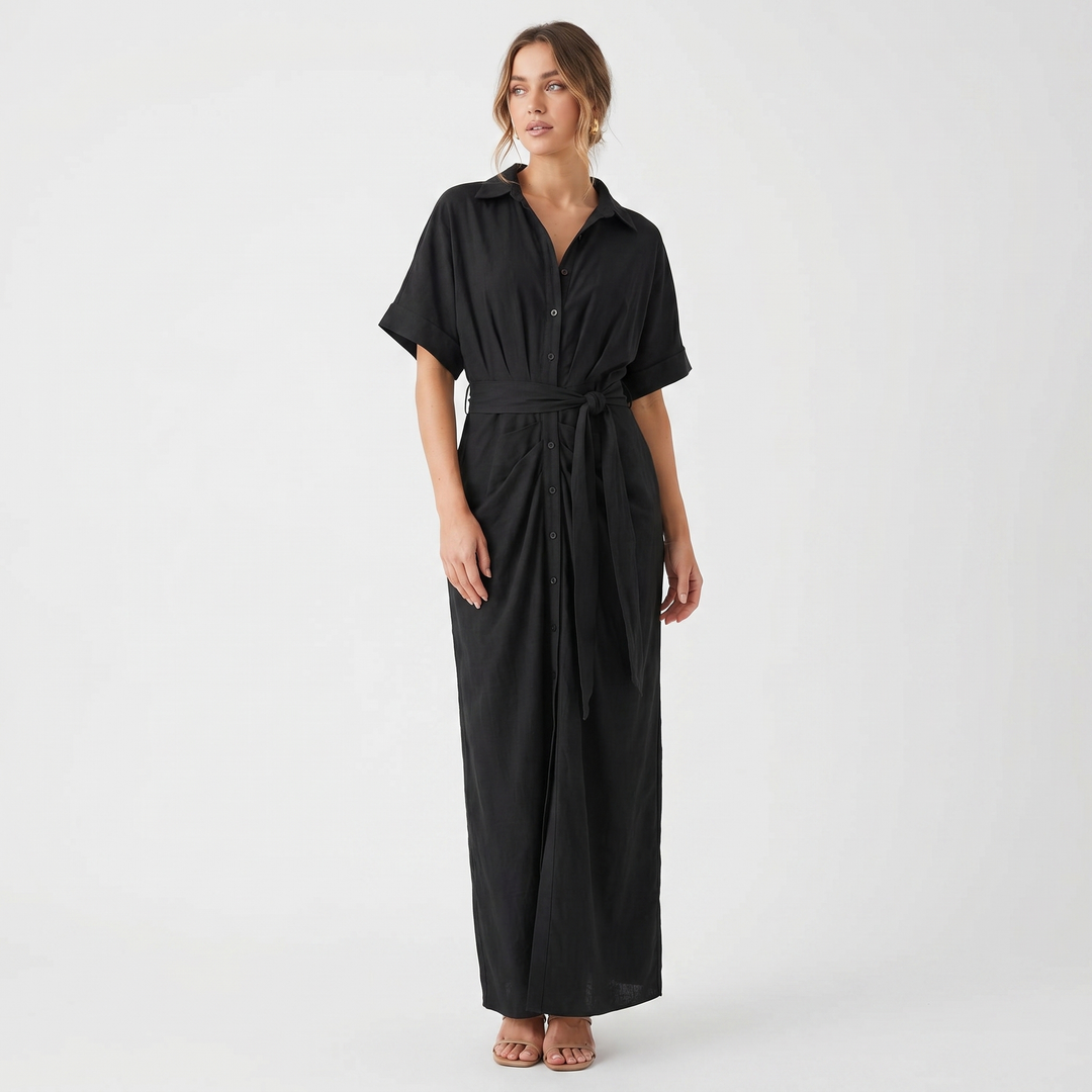 Shirt Dress - Button Down Tie Waist Midi Wrap