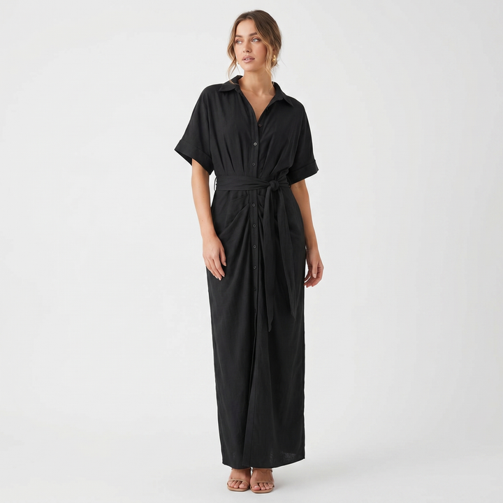 Shirt Dress - Button Down Tie Waist Midi Wrap