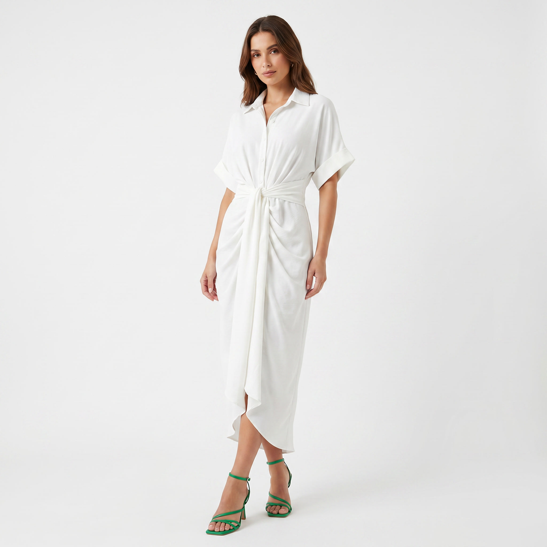 Shirt Dress - Button Down Tie Waist Midi Wrap
