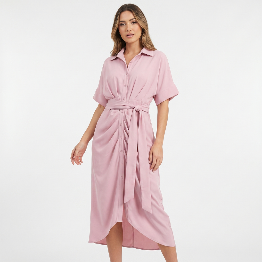 Shirt Dress - Button Down Tie Waist Midi Wrap