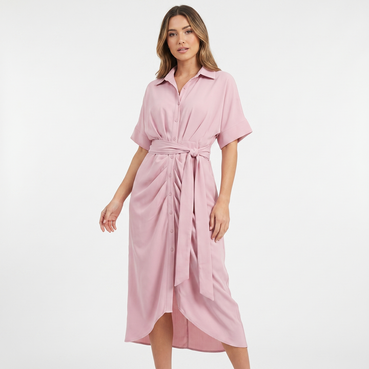 Shirt Dress - Button Down Tie Waist Midi Wrap