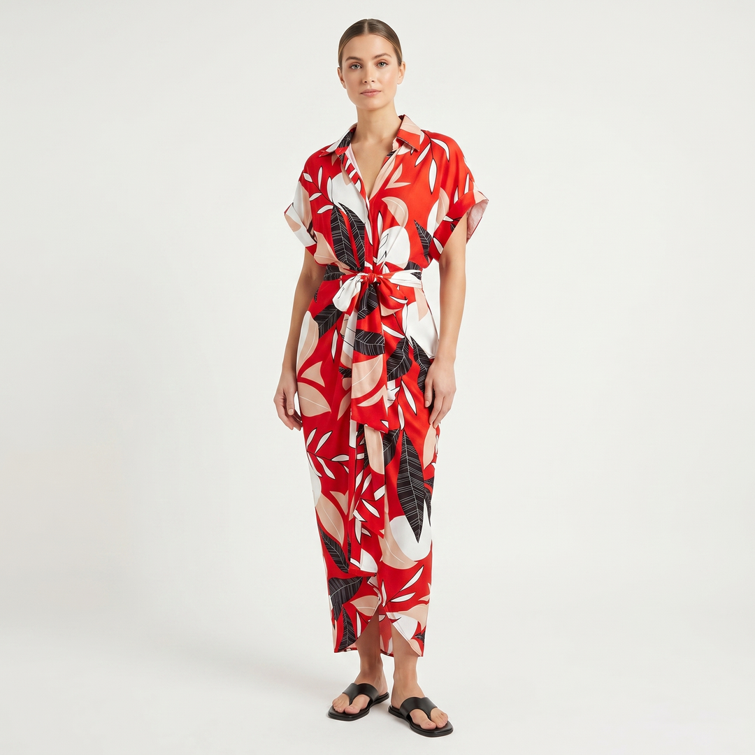 Shirt Dress - Button Down Tie Waist Midi Wrap