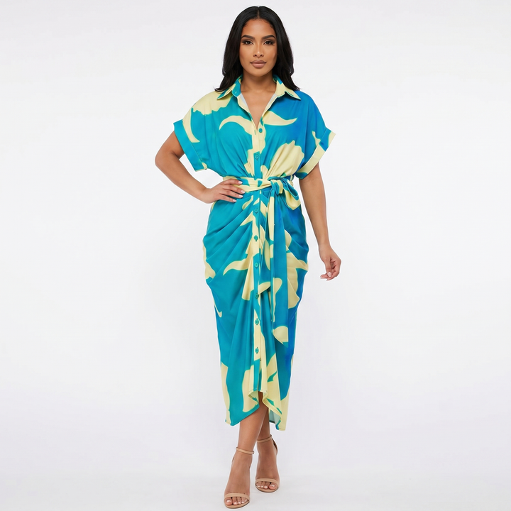 Shirt Dress - Button Down Tie Waist Midi Wrap