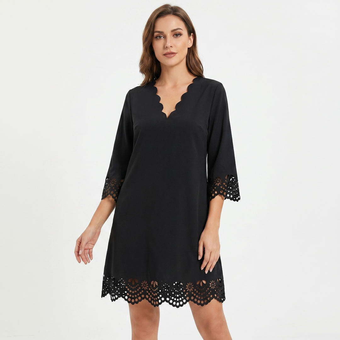 Shift Mini Dress - Scalloped Hem Three Quarter Sleeve
