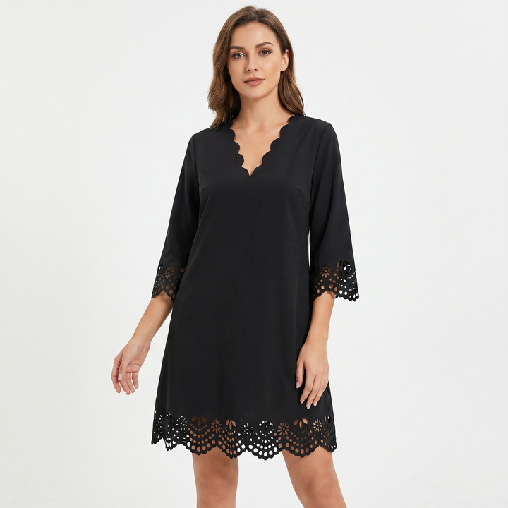 Shift Mini Dress - Scalloped Hem Three Quarter Sleeve