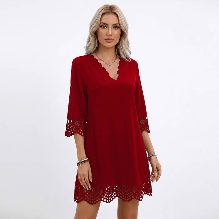 Shift Mini Dress - Scalloped Hem Three Quarter Sleeve