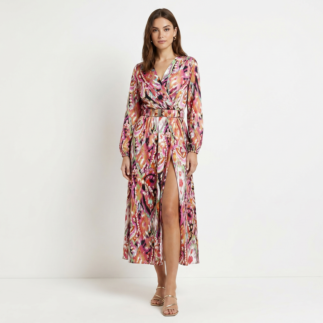 Printed Maxi Dress - Wrap V Neck Long Sleeve Split