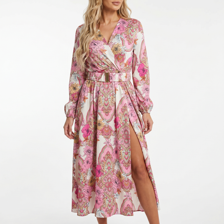 Printed Maxi Dress - Wrap V Neck Long Sleeve Split