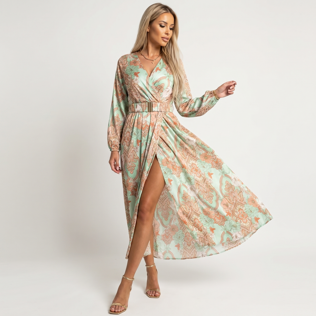 Printed Maxi Dress - Wrap V Neck Long Sleeve Split
