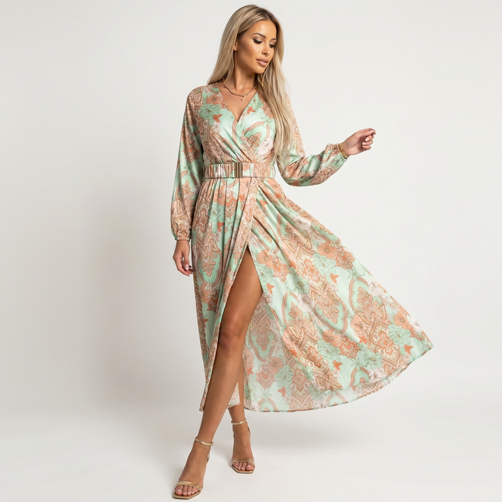 Printed Maxi Dress - Wrap V Neck Long Sleeve Split