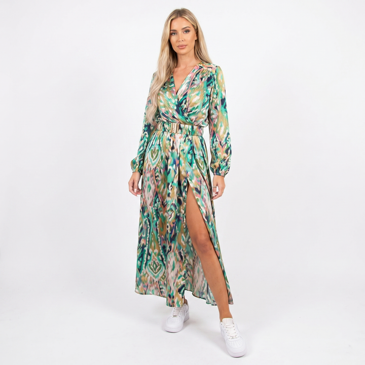 Printed Maxi Dress - Wrap V Neck Long Sleeve Split