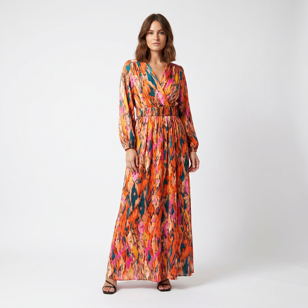 Printed Maxi Dress - Wrap V Neck Long Sleeve Split