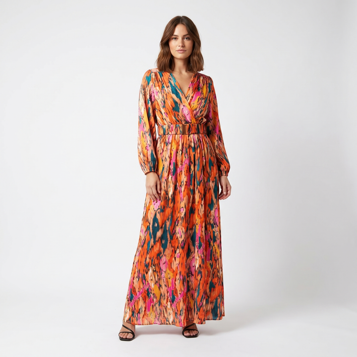 Printed Maxi Dress - Wrap V Neck Long Sleeve Split