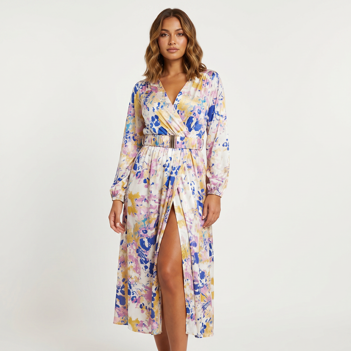 Printed Maxi Dress - Wrap V Neck Long Sleeve Split