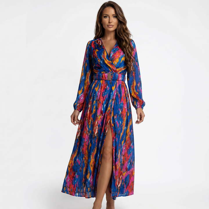 Printed Maxi Dress - Wrap V Neck Long Sleeve Split