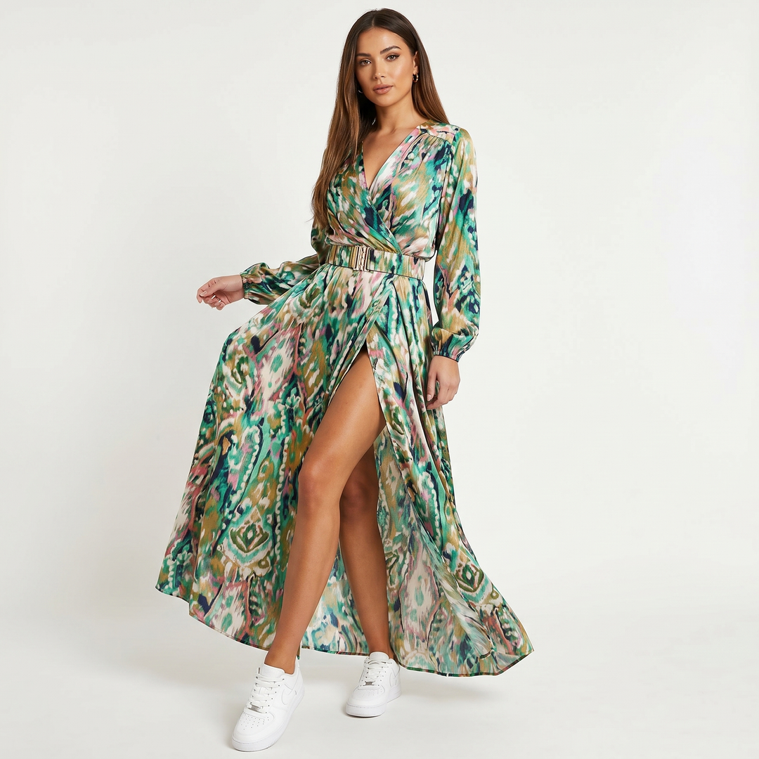 Printed Maxi Dress - Wrap V Neck Long Sleeve Split