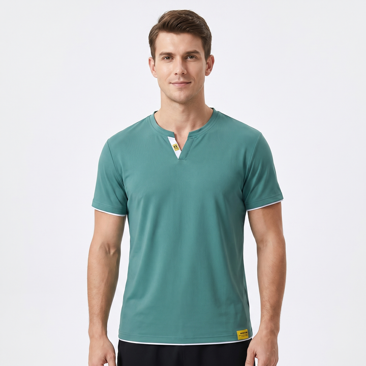 Mens Ice Silk T Shirt - Notch Neck Contrast Trim Short Sleeve