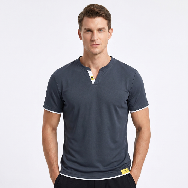 Mens Ice Silk T Shirt - Notch Neck Contrast Trim Short Sleeve