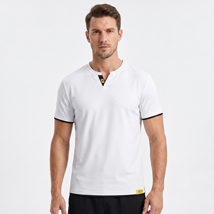 Mens Ice Silk T Shirt - Notch Neck Contrast Trim Short Sleeve